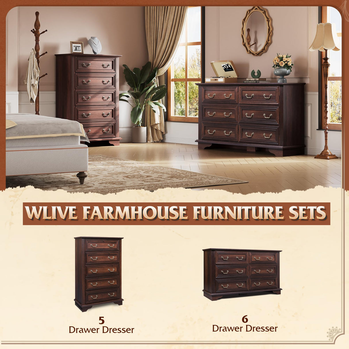 WLIVE Wood Dresser for Bedroom with 6 Drawer, 51.97'' Wide, Farmhouse Long Storage Dresser Organizer with Roman Metal Handle, TV Stand for 60 inch TV, Chest of Drawers for Living Room, Hallway, Brown WLIVE