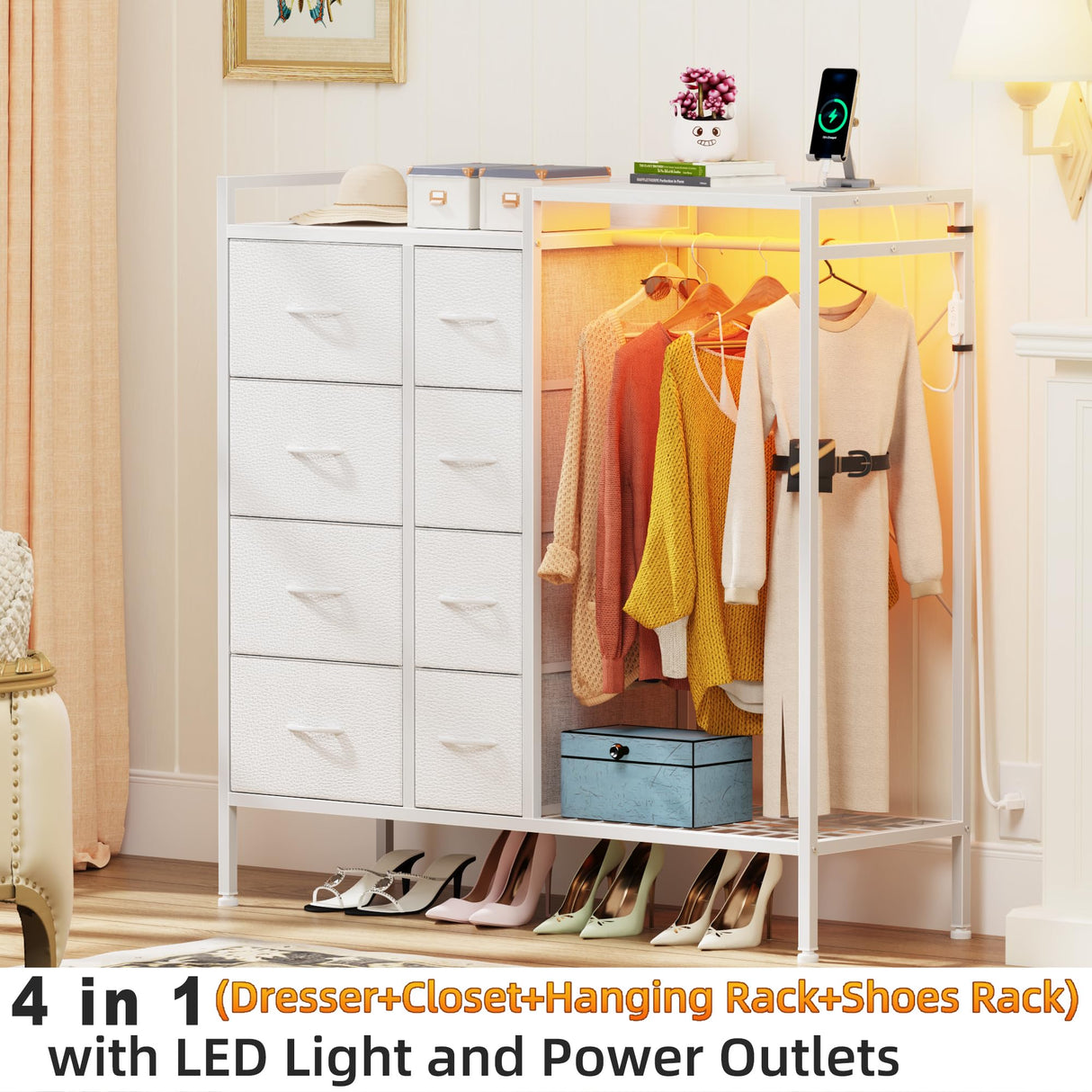 HIGDBFE Dresser with Hanging Rack, 8-Drawer Dresser for Bedroom with Charging Station & LED Lights, White Kids Dresser with Clothes Rack&Shoe Rack, Chest of Fabric Drawers for Bedroom, White HIGDBFE