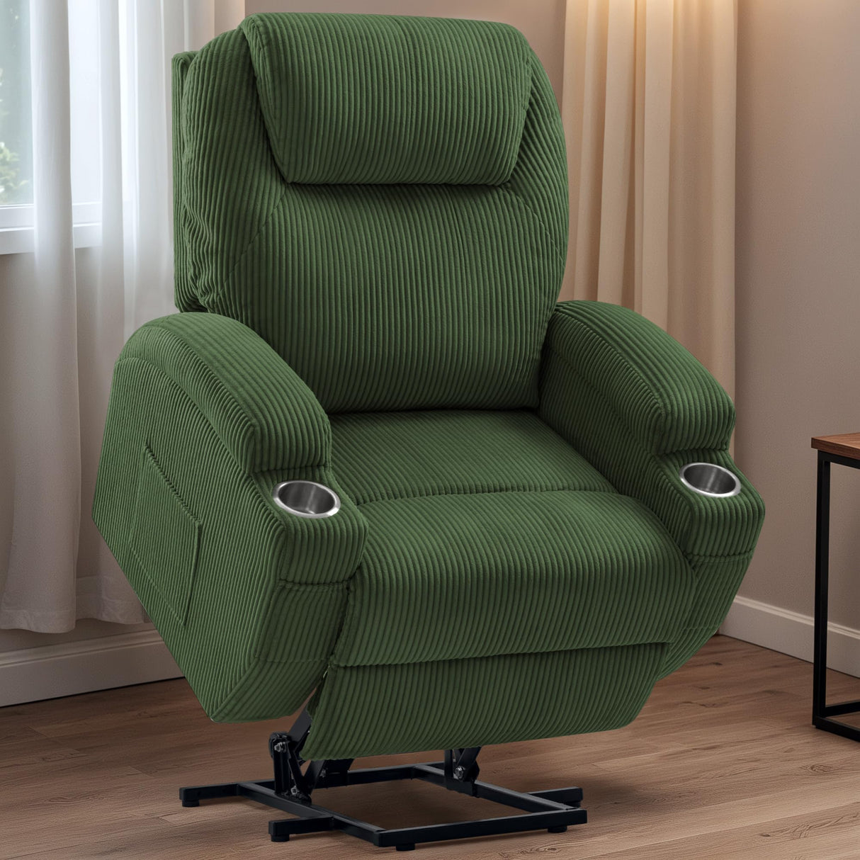 VICTONE Electric Power Lift Recliner Chair for Elderly Reclining Sofa for Living Room with Massage, Side Pockets and Cup Holders (Corduroy, Green) VICTONE