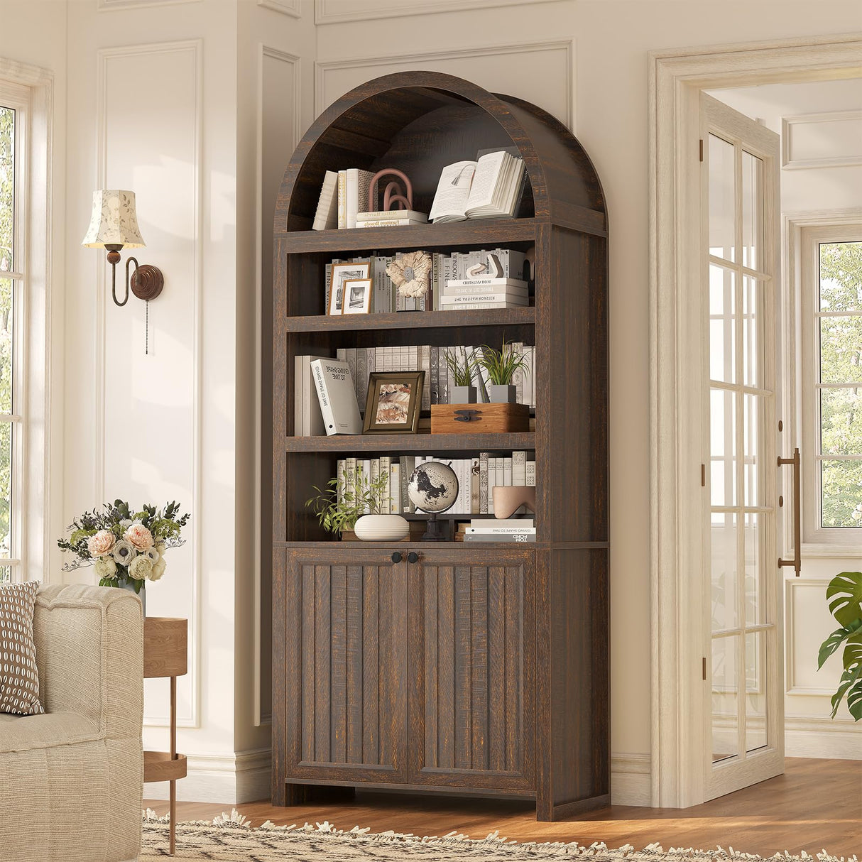 81" Tall Arched Cabinets,Bookcase with storage,Mid-Century Modern 6-Tier Bookshelf with Door,2 Book Risers and Adjustable Shelves offering more storage space for Living Room,Kitchen,Home Office,Walnut UPOSOJA
