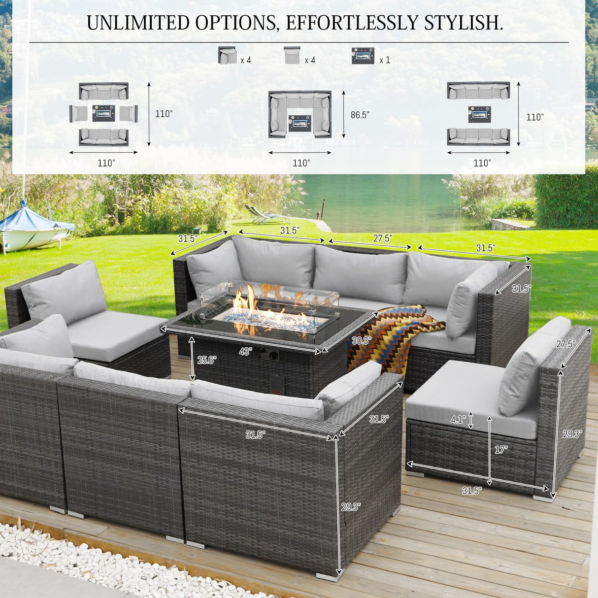 BULEXYARD 9 Piece High Back Outdoor Sectional Seating with Fire Pit Table, Heavy Duty Sturdy Wicker Patio Set Conversation Couch Sofa, Extra Wide Deep Large 8-Person Deck Furniture Set, Light Grey BULEXYARD
