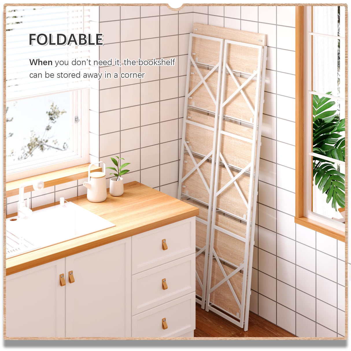 4NM 6 Tiers No Assembly Book Shelves, 61.8" H Folding Bookshelf Bookcase Open Industrial Foldable Shelves for Bedroom, Living Room, Home Office - Natural White