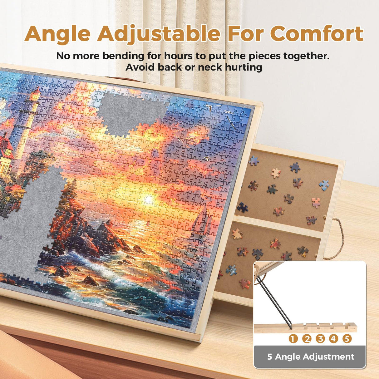 Lafati 1500 Piece 2-in-1 Tilting & Rotating Jigsaw Puzzle Board with Drawers,35"x27" Adjustable 5 Angle Puzzle Board with Cover & 4 Puzzle Sorting Trays, Gifts for Puzzle Lovers Lafati
