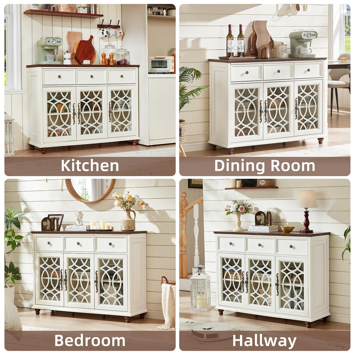 Joaxswe Farmhouse Sideboard Buffet Cabinet with Storage,48" Large Credenza with 3 Glass Doors & 3 Drawers,Adjustable Shelves Console Table,Wood Kitchen Coffee Bar for Dining Room,Living Room,White Joaxswe