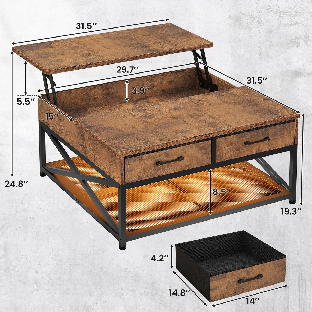 Itaar 31.5" Lift Top Coffee Table with Storage, Square Coffee Tables for Living Room, Coffee Table with 2 Fabric Drawers & Large Storage Shelvs, Rustic Brown Itaar