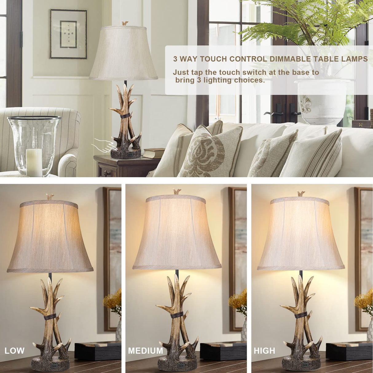 Rustic Table Lamps for Living Room Set of 2, Farmhouse Antler Western Bedside Lamp for Bedroom with 2 USB Charging Port, 3-Way Dimmable Resin Nightstand Lamps with Shade Decor, LED Bulbs Included Hamucd