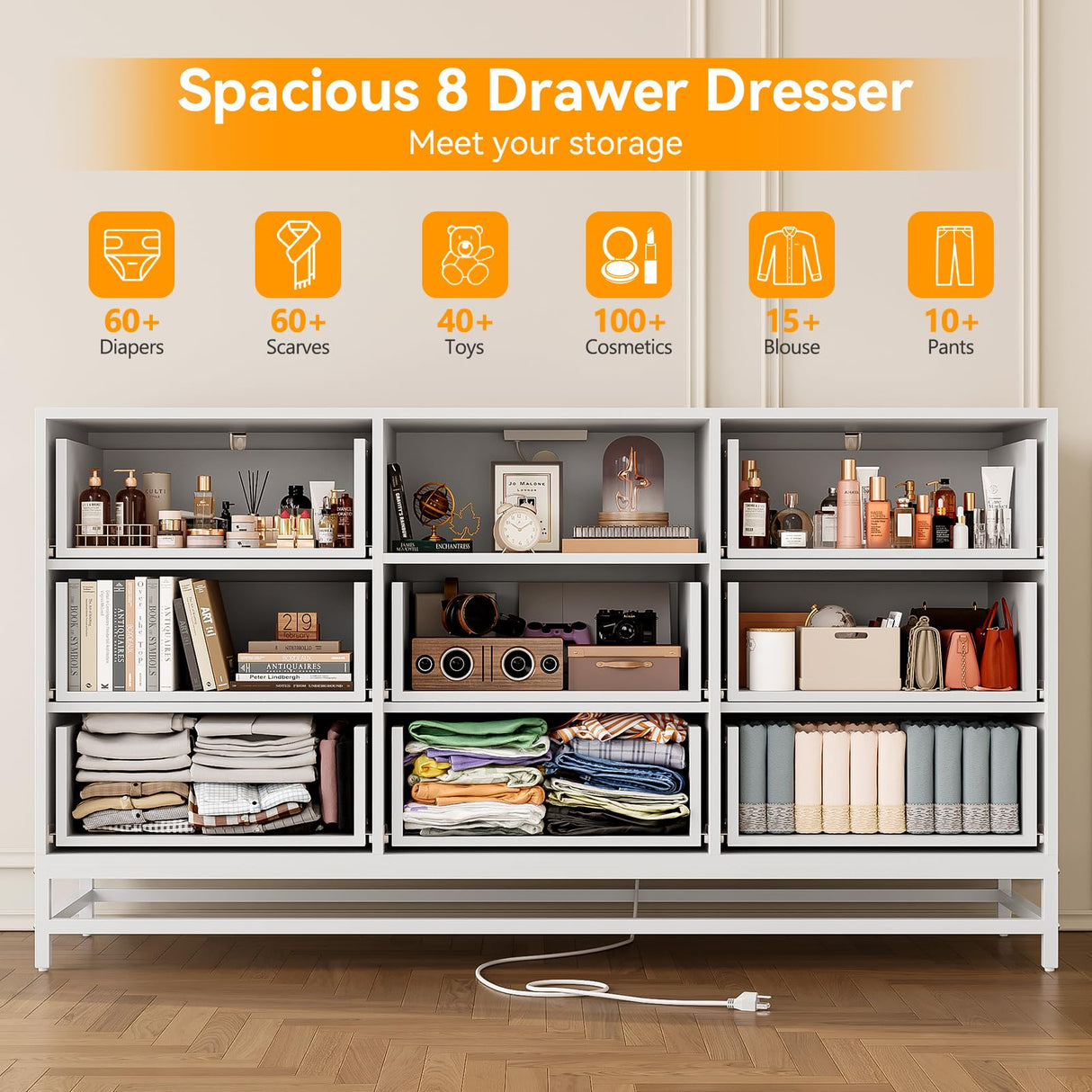 Patikuin 8 Deep Drawer White Dresser for Bedroom with Charging Station and LED Lights, 59" TV Dresser Wooden Large Long Dresser, Modern Chest of Drawers Storage Organizer for Closet, Living Room Patikuin