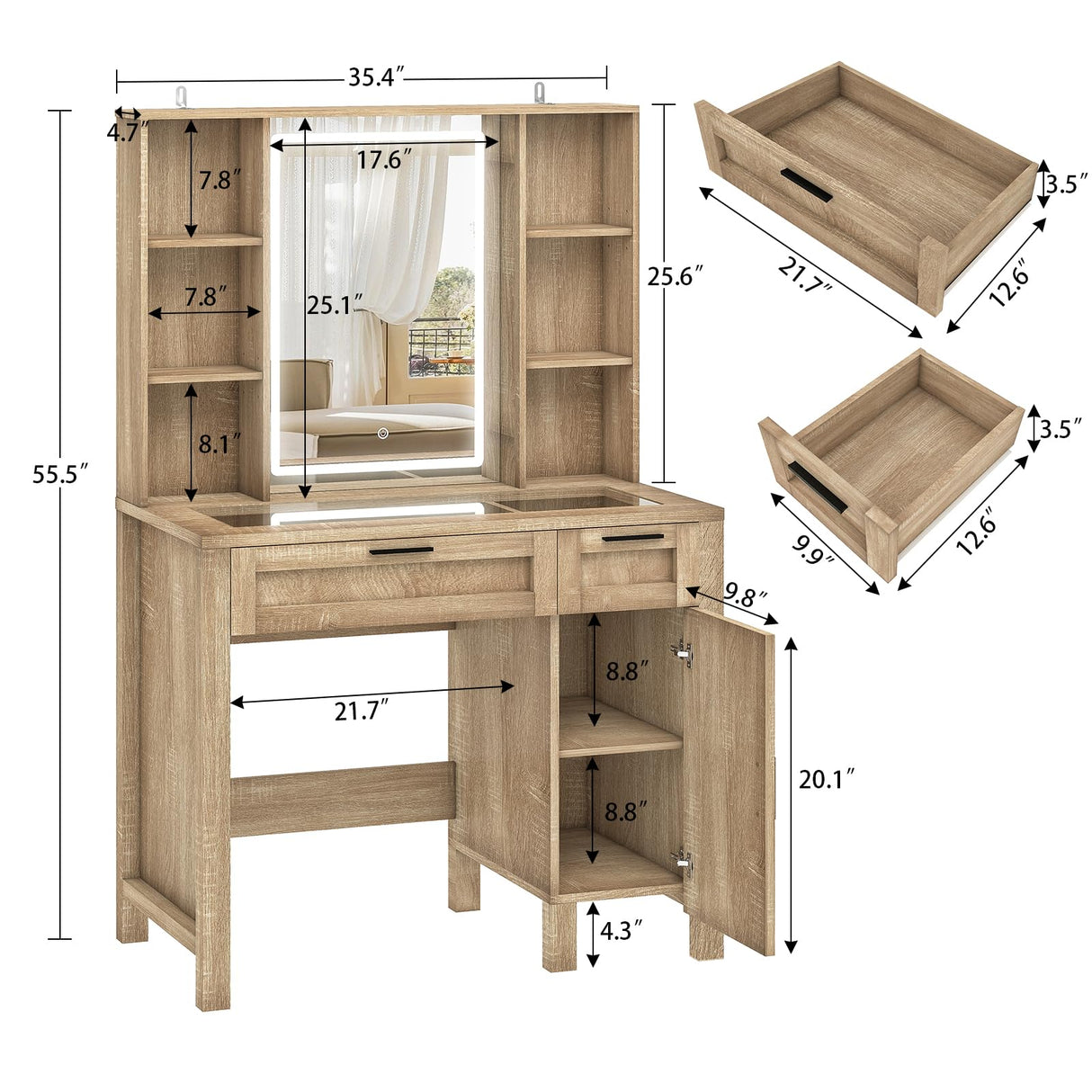 usikey Farmhouse Makeup Vanity Desk with Mirror and Lights, Glass Tabletop Makeup Vanity with Adjustable Shelves, Vanity Table Set with 2 Drawers and Side Cabinet for Bedroom, Maple usikey