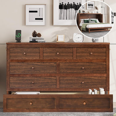 DNChuan Queen Size Murphy Cabinet Bed with 2 Storage Drawers and USB-Port,Foldable Murphy Horizontal Platform Bed,Dresser Bed,Space Saving,No Box Spring Needed,Walnut