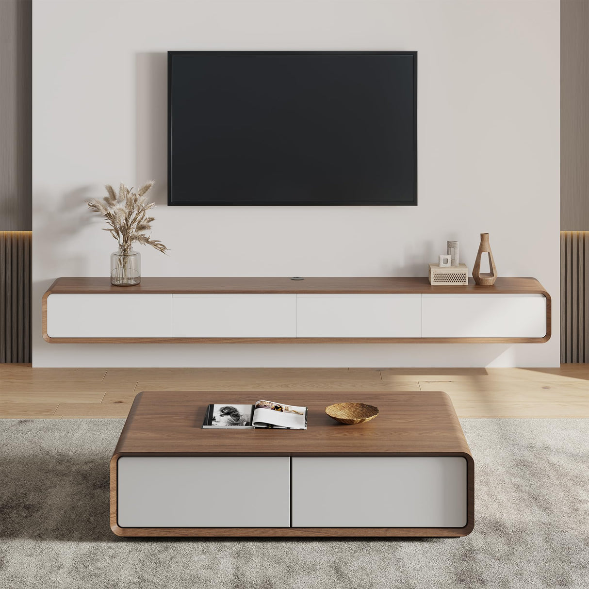 POVISON Mid Century Modern TV Stand and Coffee Table Set of 2, Minimalist Floating TV Stand 95" Modern Wall-Mounted Entertainment Center, 51" Square Wood Coffee Table, Walnut & White POVISON