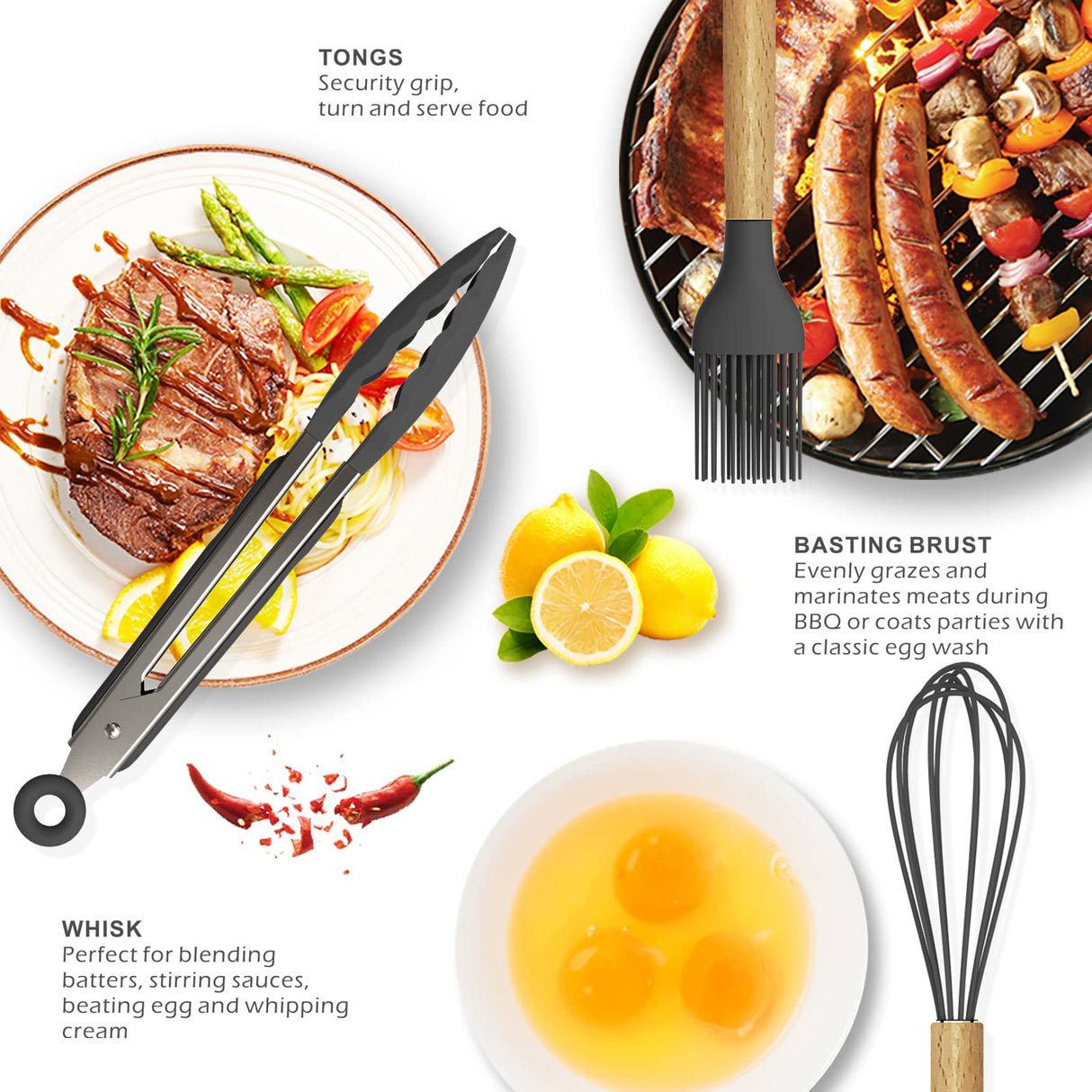 Silicone Cooking Utensils Kitchen Utensil Set - 446°F Heat Resistant Silicone Kitchen Utensils Set, Spatula,Turner Tongs, Spoon, Brush, Whisk,Kitchen Gadgets for Nonstick Cookware, BPA Free (Gray) oannao