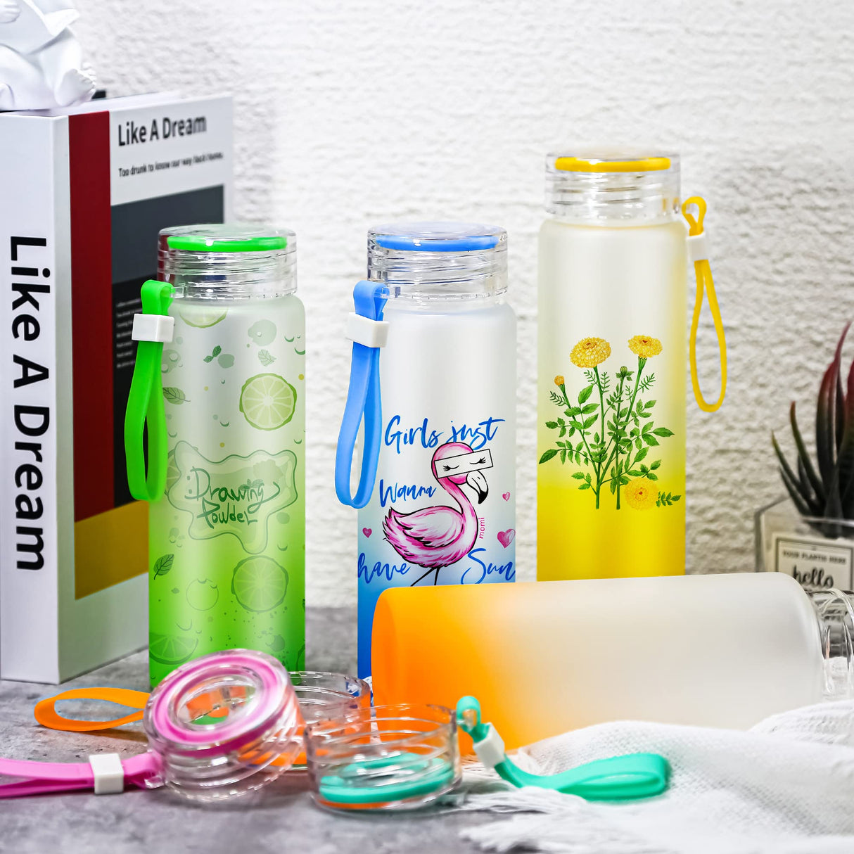 AGH Sublimation Glass Tumblers,16OZ Colored Frosted Glass Cups with Carrying Handle Lid,Different Color Gradient Glass Cups,Suitable for Milk, Soda, Juice, Drinks,Easy to Carry(12 PACK) AGH