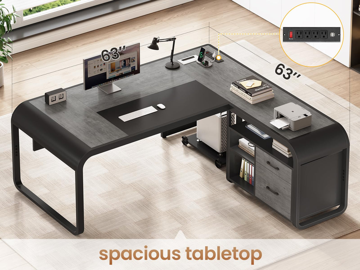 SEDETA 63 Inch Executive Desk, L Shaped Desk with Drawers, Large Office Desk with File Cabinet, Computer Desk with Mobile CPU Stand, Storage Shelves, Power Outlets for Home Office, Gray SEDETA
