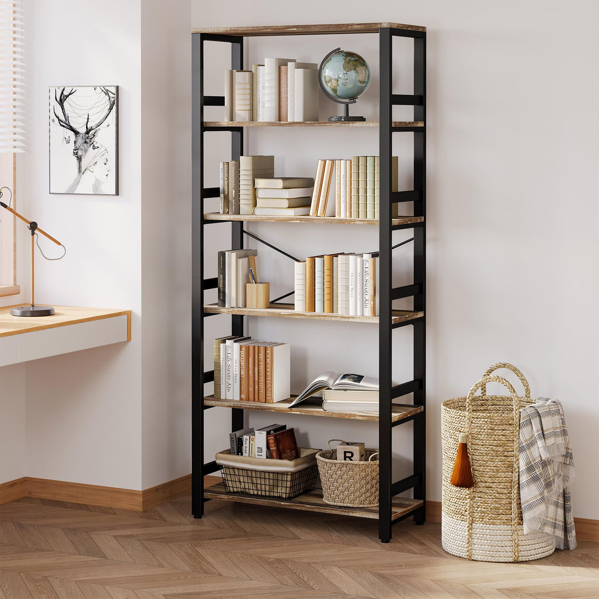 IRONCK Bookshelf, 31.5in Wide Shelf 6 Tier Bookcase, 110lbs/shelf Vintage Industrial Style Bookshelves for Bedroom, Living Room and Home Office, Industrial Brown IRONCK