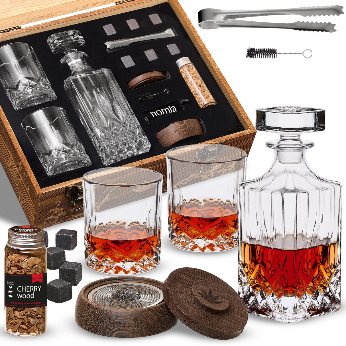 Whiskey Gift Set, 14 pcs - Whiskey Decanter + Wooden Smoker + Old Fashioned Glasses - 2 pcs, in Wooden Box with Wood Chips, Whiskey Stones 6 pcs Included - Gift for Men (Torch Not Included) homia