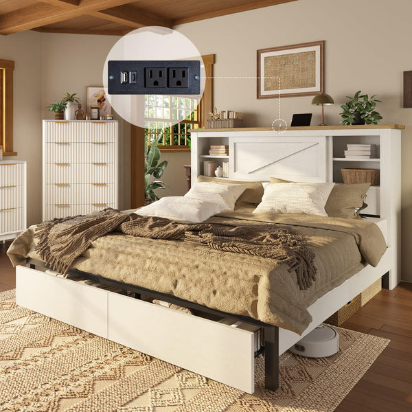 AMERLIFE King 47.2" H Bed Frame with Hidden Space Bookcase Headboard a ...
