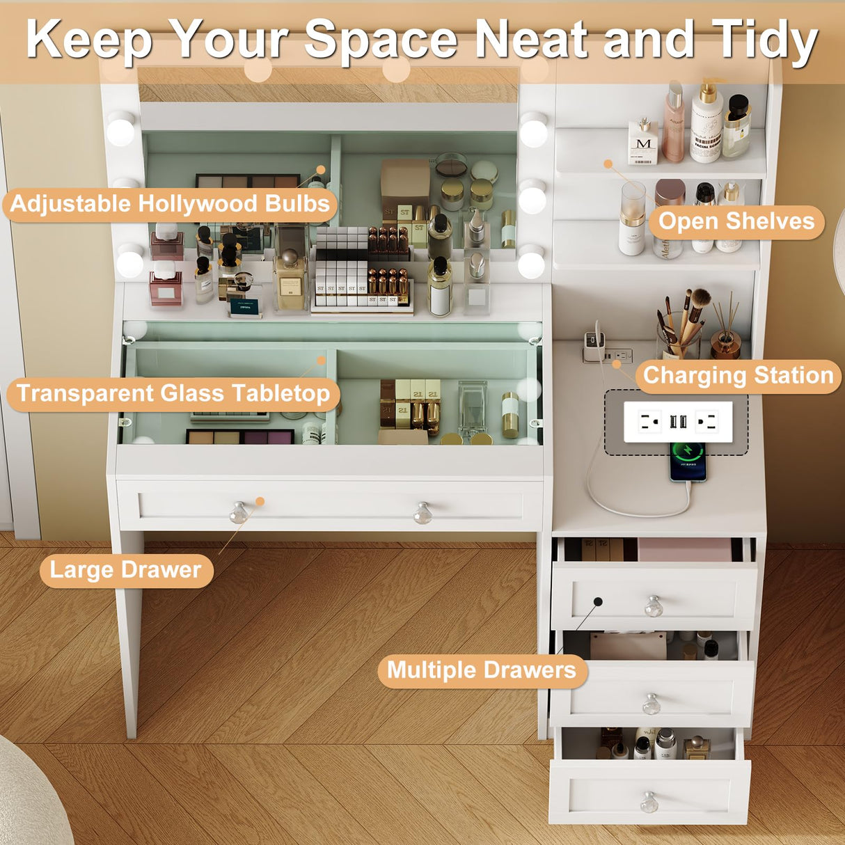 YaoYaoJia Vanity Desk with Mirror and Lights, 39.4" White Makeup Vanity with Glass Top,Dressing Table with 4 Drawers,Charging Station, 3 Lighting Modes for Women Bedroom YaoYaoJia