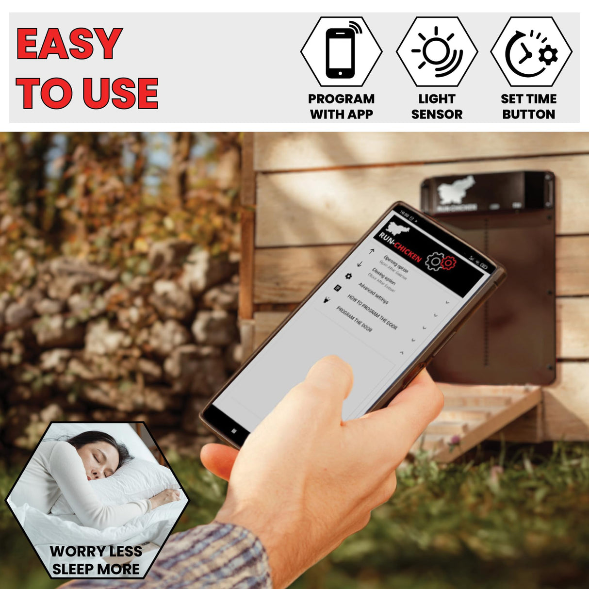 RUN-CHICKEN Door (Brown) Automatic Chicken Coop Door, Programmable with App, Battery Operated, Evening and Morning Delay, Aluminum Door, Electric Chicken Run Door, Model T50 RUN-CHICKEN