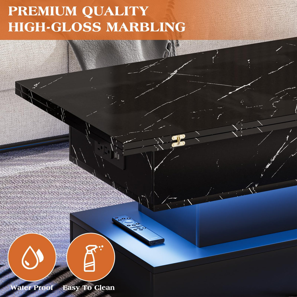 SYESWAY Lift Top Coffee Table with Charging Station, Modern High Glossy Coffee Table with LED Light, 3 in 1 Multifunctional Coffee Table with Storage & Hidden Compartments for Living Room, Black SYESWAY