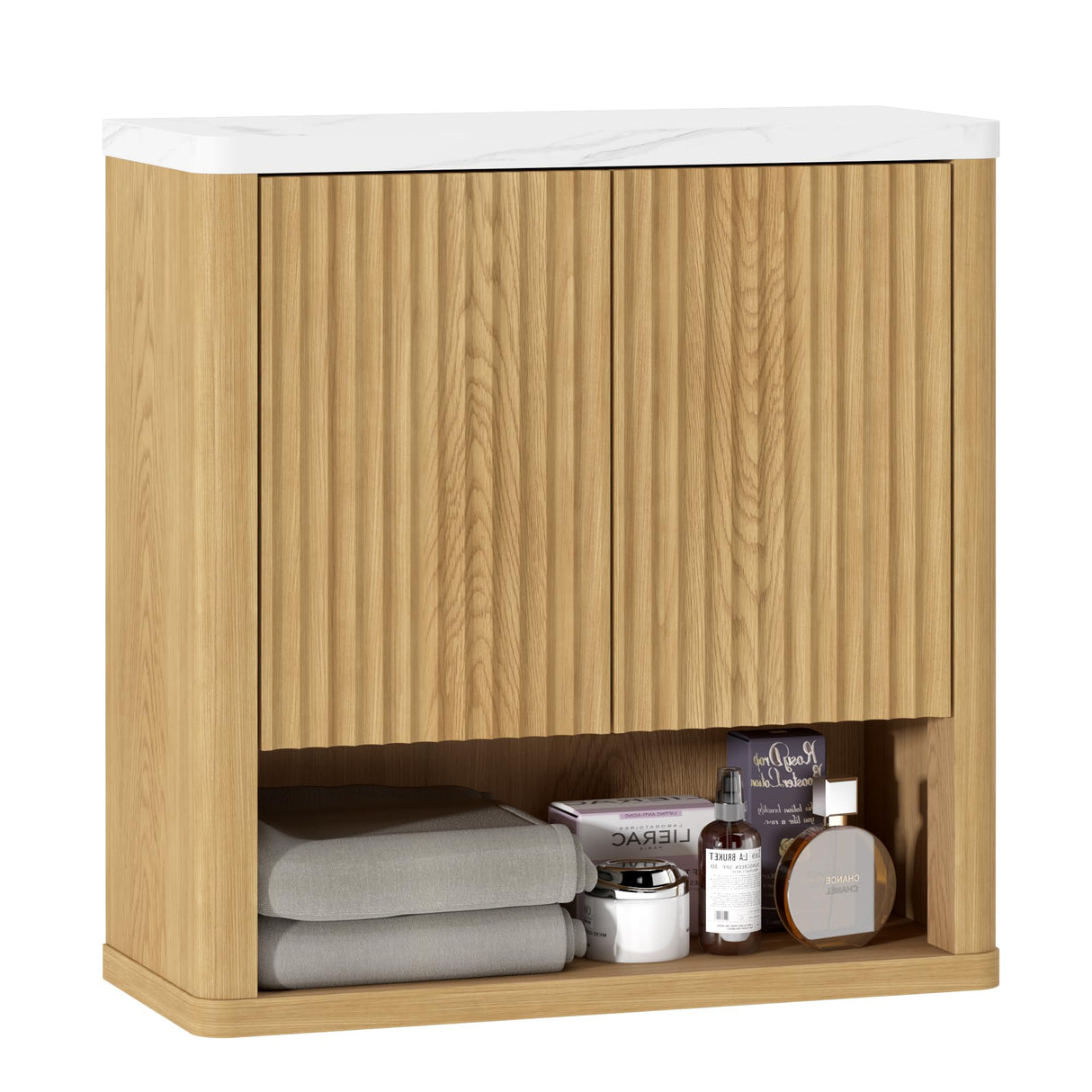 HOMEFORT Bathroom Wall Cabinet, Medicine Cabinets, Over The Toilet Storage Cabinet with 2 Doors, Adjustable Shelf and Faux Marble Top, Natural Oak HOMEFORT