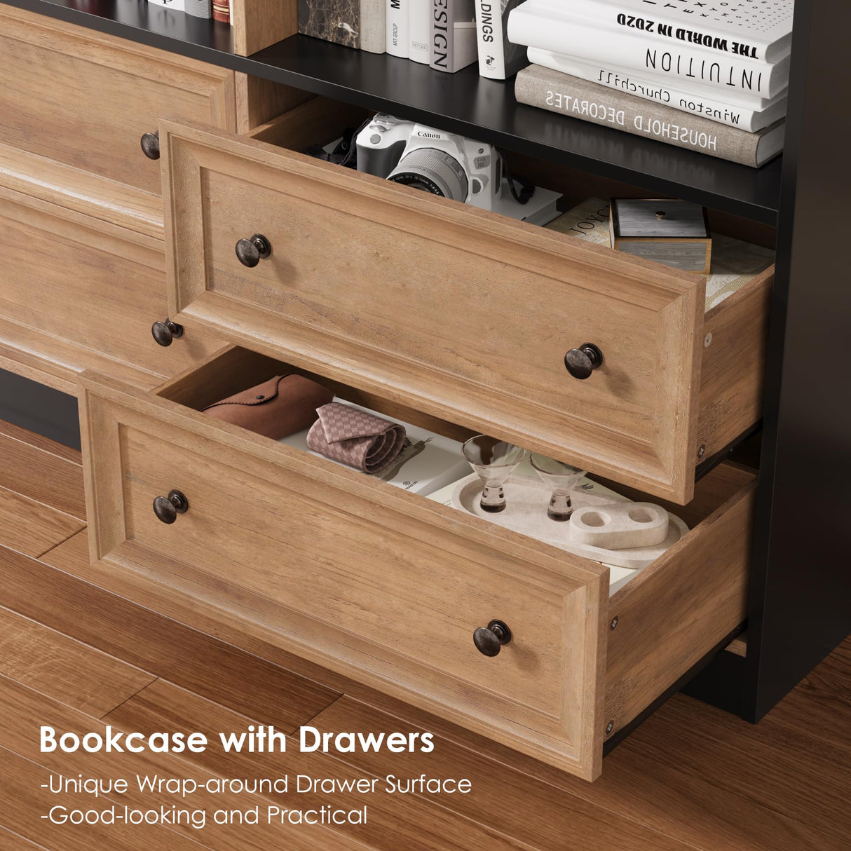 FINETONES 71" Tall Bookshelf with 4 Drawers, 6-Tier Double Wide Bookshelves and Bookcases with Storage, Tall Bookshelf Large Standing Book Cabinet for Home Office, Brown/Black FINETONES