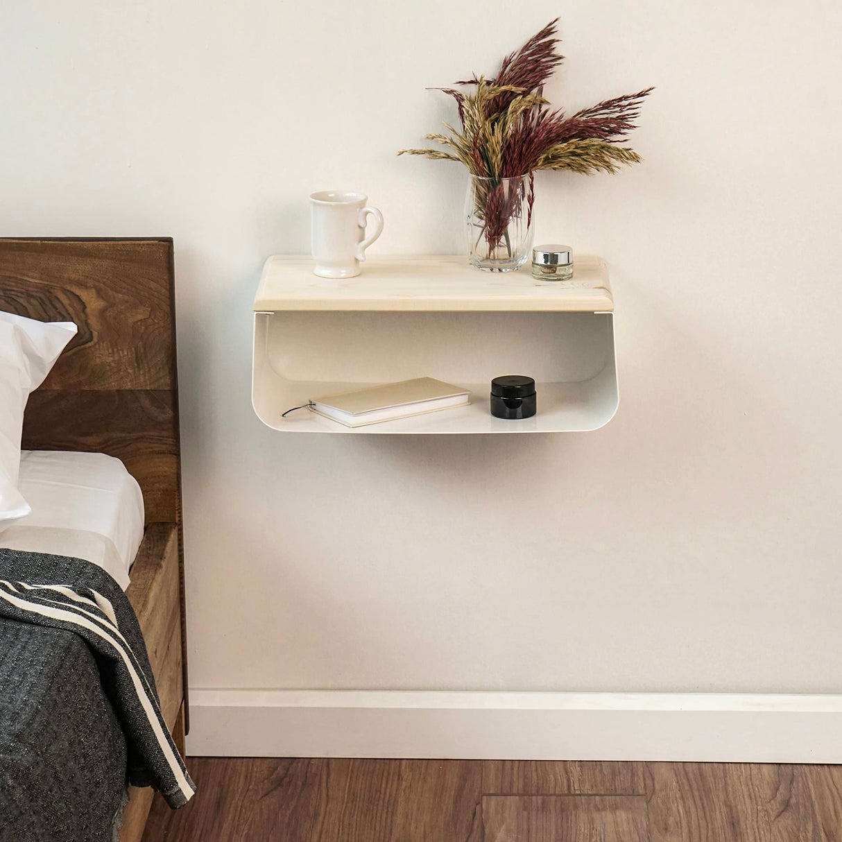 Floating Nightstand with Spruce Top | Modern Bedroom Decor | Minimalist Wall-Mounted Bedside Nightstand| Wall Mounted Shelf | Cloudy Oasis: Serene White Ultimate Premium Products