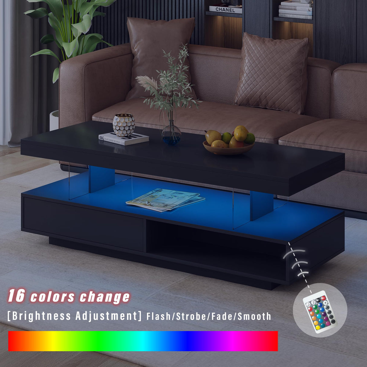 LUMISOL High Gloss Coffee Table with 16 Colors LED Lights, UV Cocktail Table with 2 Drawers and Display Shelf, Modern Center Table for Living Room, Black LUMISOL