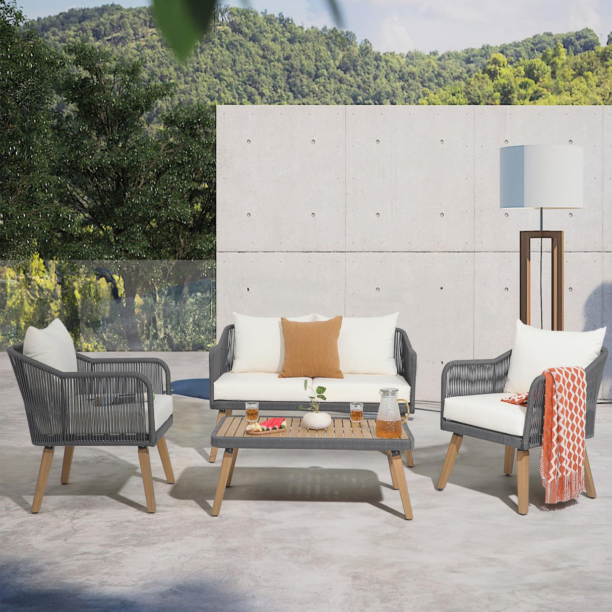 Patiorama 4 Piece Patio Furniture Set, Outdoor FSC Certified Acacia Wood Conversation Set, All-Weather Rope Sofa Set w/Coffee Table, Loveseat, Modern Deep Seating Set for Lawn Balcony Poolside, Cream Patiorama