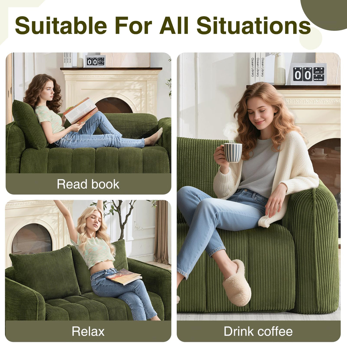 AEMEIOS Boneless Loveseat Couch for Living Room, Oversized Loveseat 2 Seater with 2 Pillow for Lovers,Corduroy Boneless Cloud Sofa Loveseats in a Box for Bedroom,No Assembly Couch, Green AEMEIOS