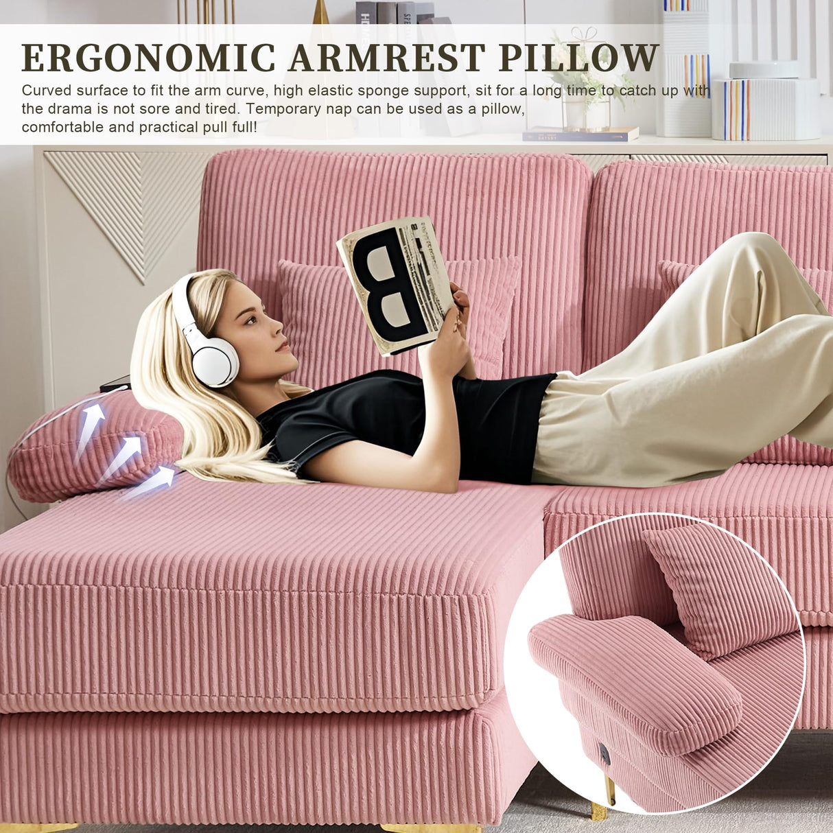 ZEIINPA U Shaped Sectional Sofa Couch for Living Room, 4 Seat Modern Corduroy Sofa with Double Chaise, USB and Lights, 104 inches(Pink Corduroy) ZEIINPA