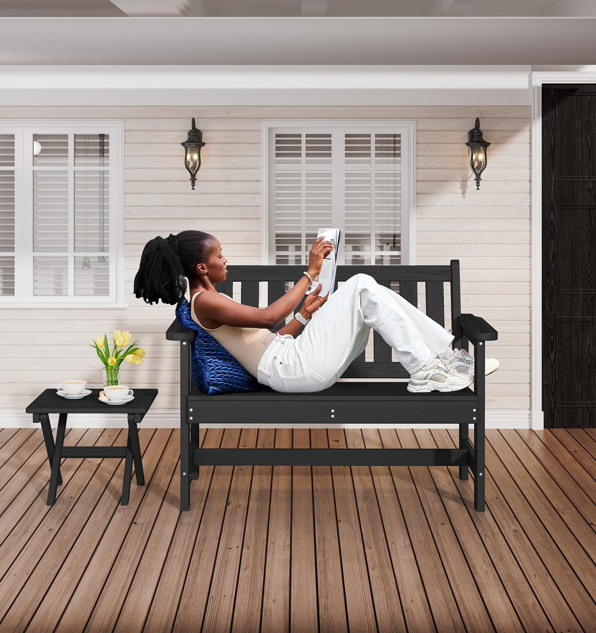 SERWALL Outdoor Bench, HDPE Outdoor Benches Weatherproof, 2-Person Garden Bench with 660 lbs Weight Capacity, Patio Benches for Outdoors, Garden, Porch, Backyard and Park, Black SERWALL