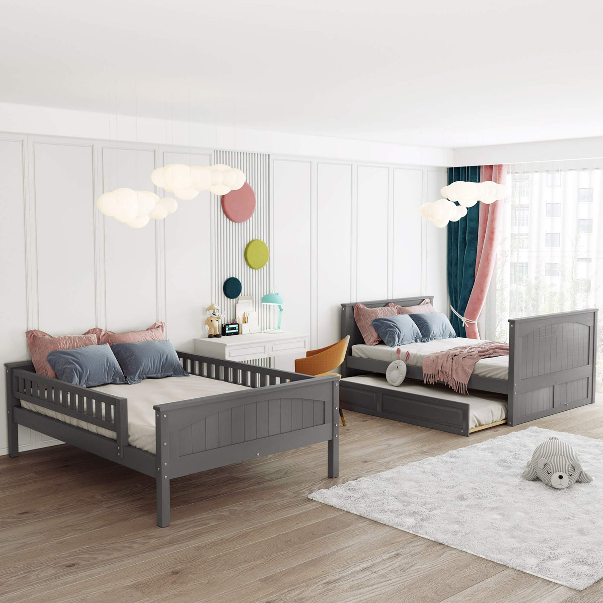 SOFTSEA Full Over Full Bunk Bed with Trundle Bedroom Furniture Solid Wood Bunk Beds Frame, Divided Into Two Separate Full Beds, Gray SOFTSEA