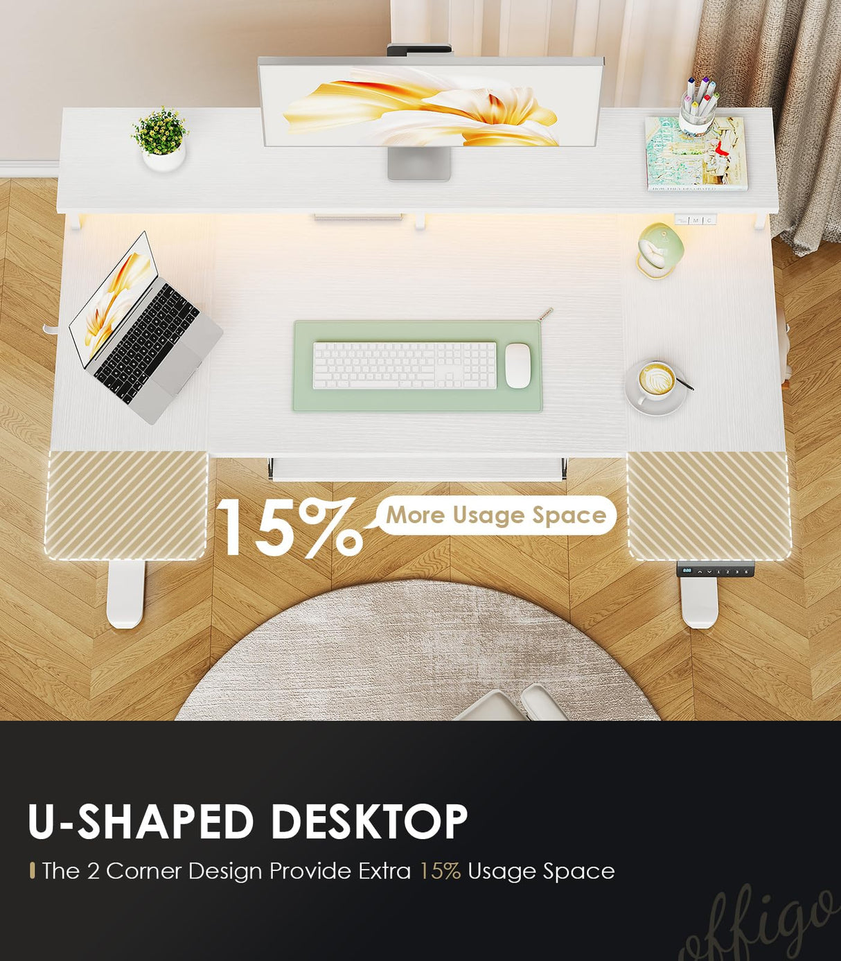 OffiGo U Shaped Electric Standing Desk with Keyboard Tray, 48 Inch Height Adjustable Desk with Power Outlets & LED Lights, Sit Stand Table with Monitor Stand for Home, Office, White OffiGo