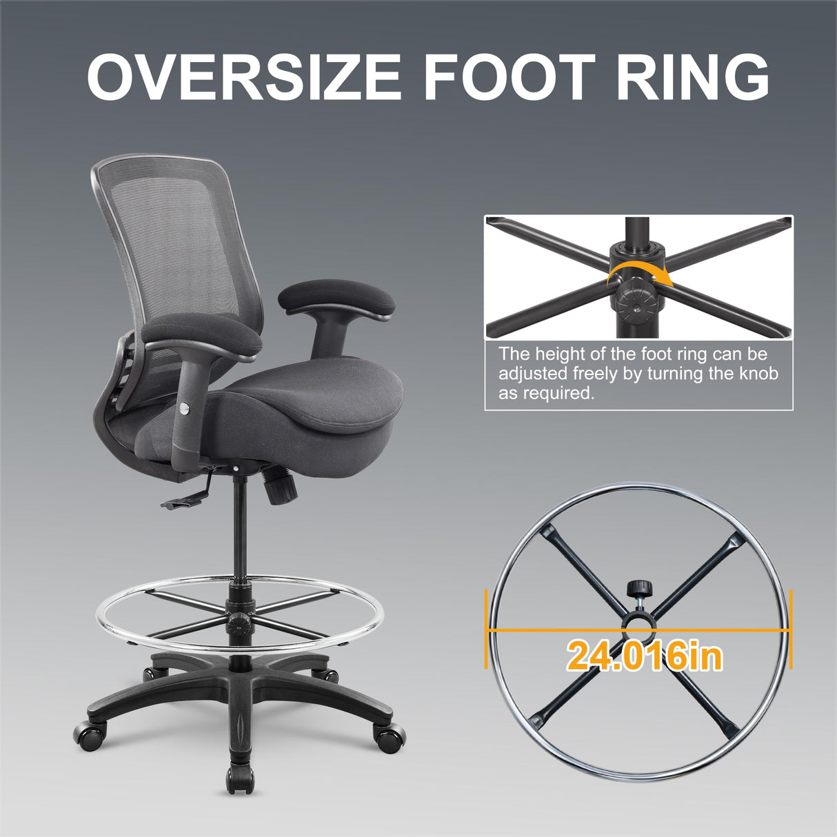 WITTLONG 400lbs Drafting Chair with Extra Seat Cushion Tall Office Chair with Soft Armrests Executive Computer Standing Desk Chair with Lumbar Support and Enlarged Adjustable Footring-Black WITTLONG