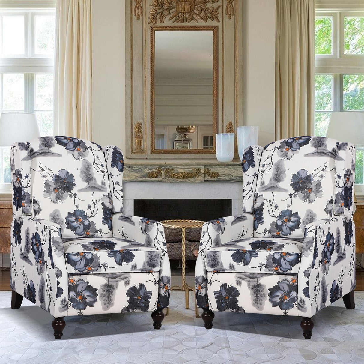 PALLOME Upholstered Wingback Recliner Chair, Mid Century Modern Manual Push Back Recliner for Living Room, Bedroom (2, Blue Floral) PALLOME