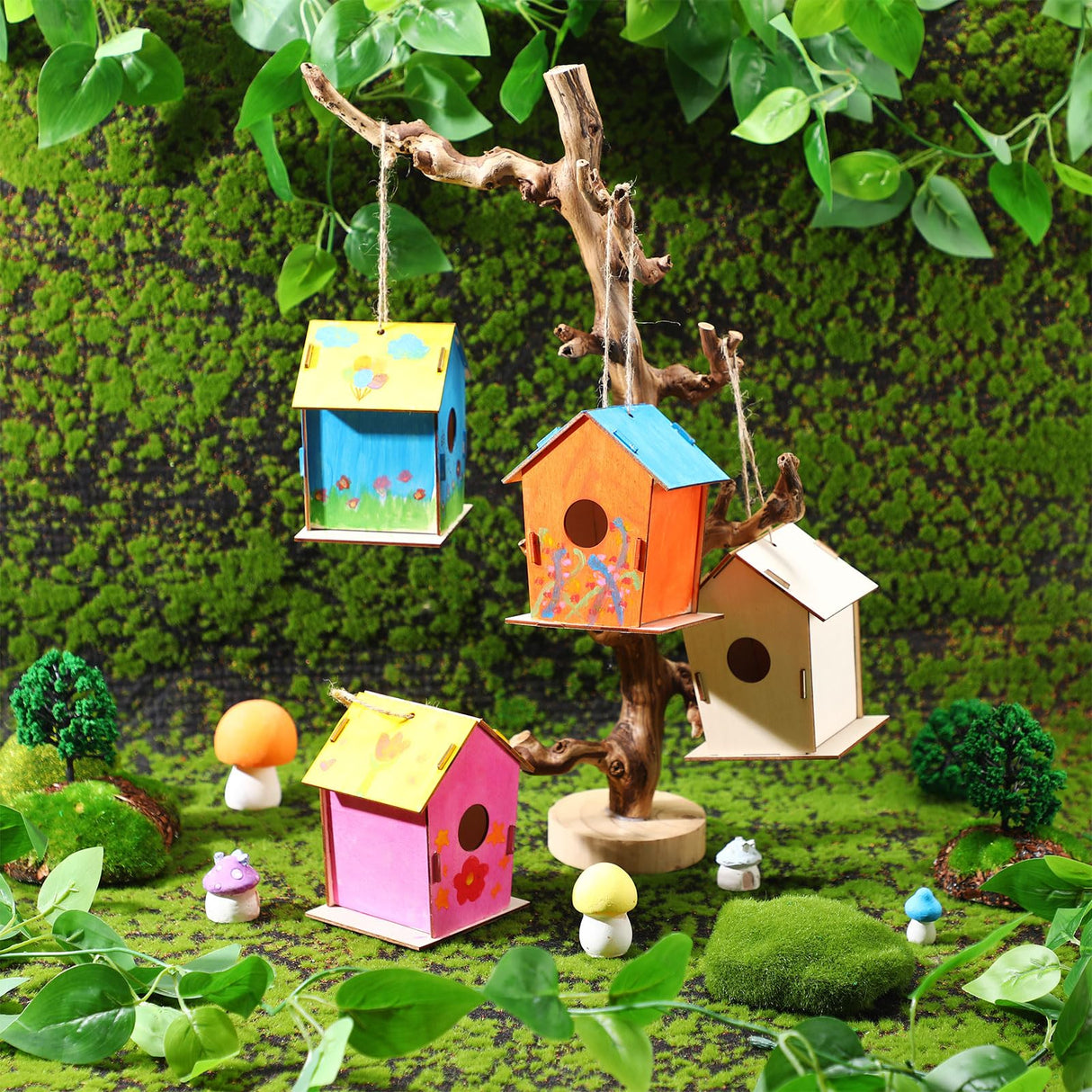 DoubleFill 12 Pcs 4.33" Wooden Bird Houses Bulk for DIY Unfinished Hanging Birdhouse for Crafts Art Wood Toys Class Activity Creative Project Parties Design DoubleFill