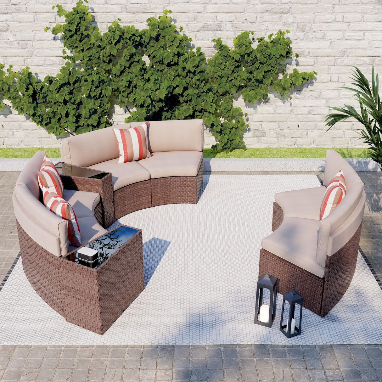 SUNSITT Outdoor Patio 8-Piece Half Moon Curved Furniture Sofa Set Brown Wicker Sectional Sofa Beige Cushions with 2 Side Table SUNSITT
