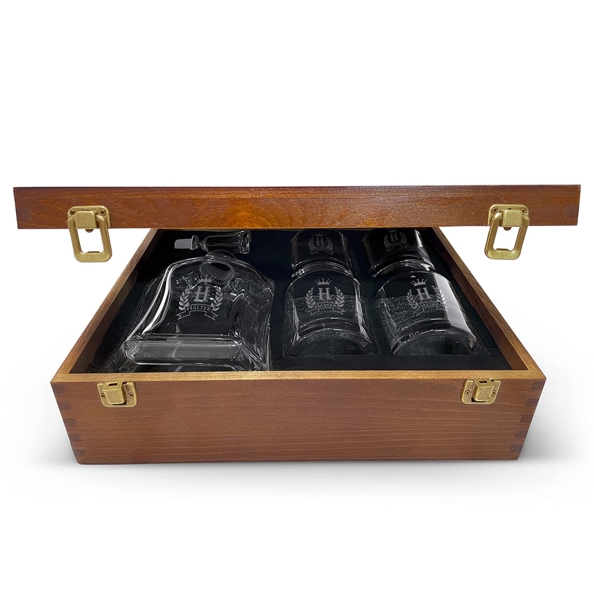 Customized Monogrammed Whiskey Decanter Set - 2 Glasses, Engraved Shield Crown Design - Wedding Decanter with Wood Box Krezy Case