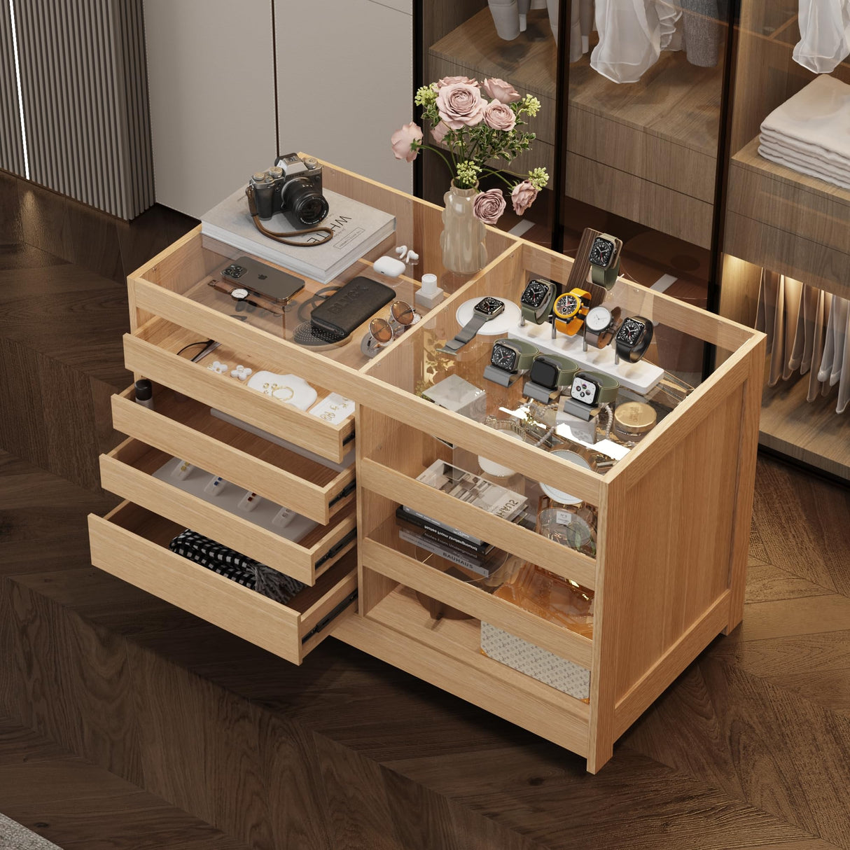 Homsee Armoire Bedroom Island with Glass Top & Shelves, Freestanding Wardrobe Closet with 4 Handleless Drawers, Walk-in Closet Island Display Dresser for Bedroom Shops, Light Brown Homsee