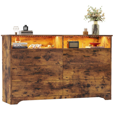 LIKIMIO 6 Drawer 59" Dresser with LED and Power Strip, Dressers & Chests of Drawers with Storage Cabinet for Bedroom, Rustic Brown