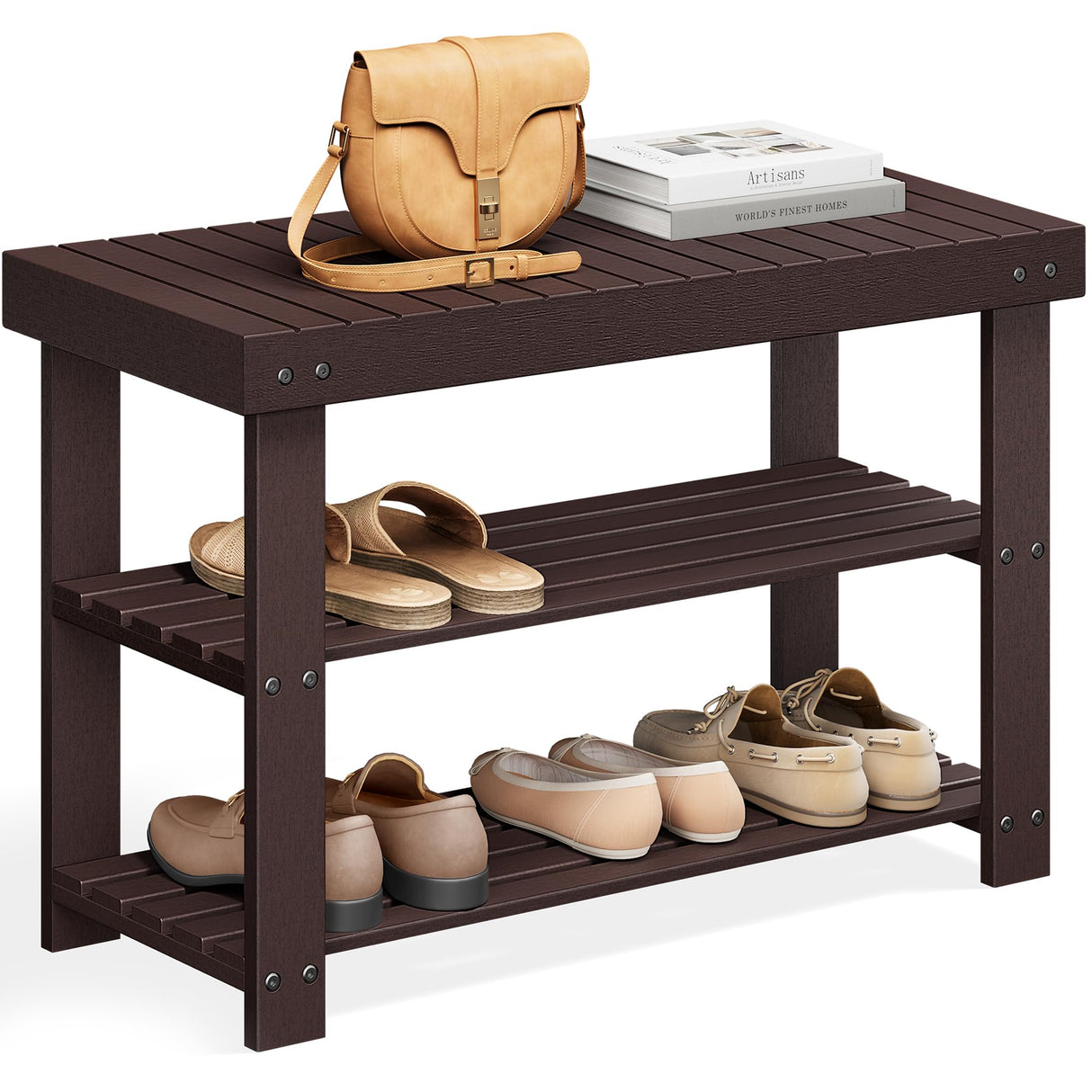 SONGMICS Shoe Rack Bench, 3-Tier Bamboo Shoe Storage Organizer, Entryway Bench, Holds Up to 286 lb, 11.3 x 27.6 x 17.8 Inches, for Entryway Bathroom Bedroom, Brown ULBS04Z SONGMICS