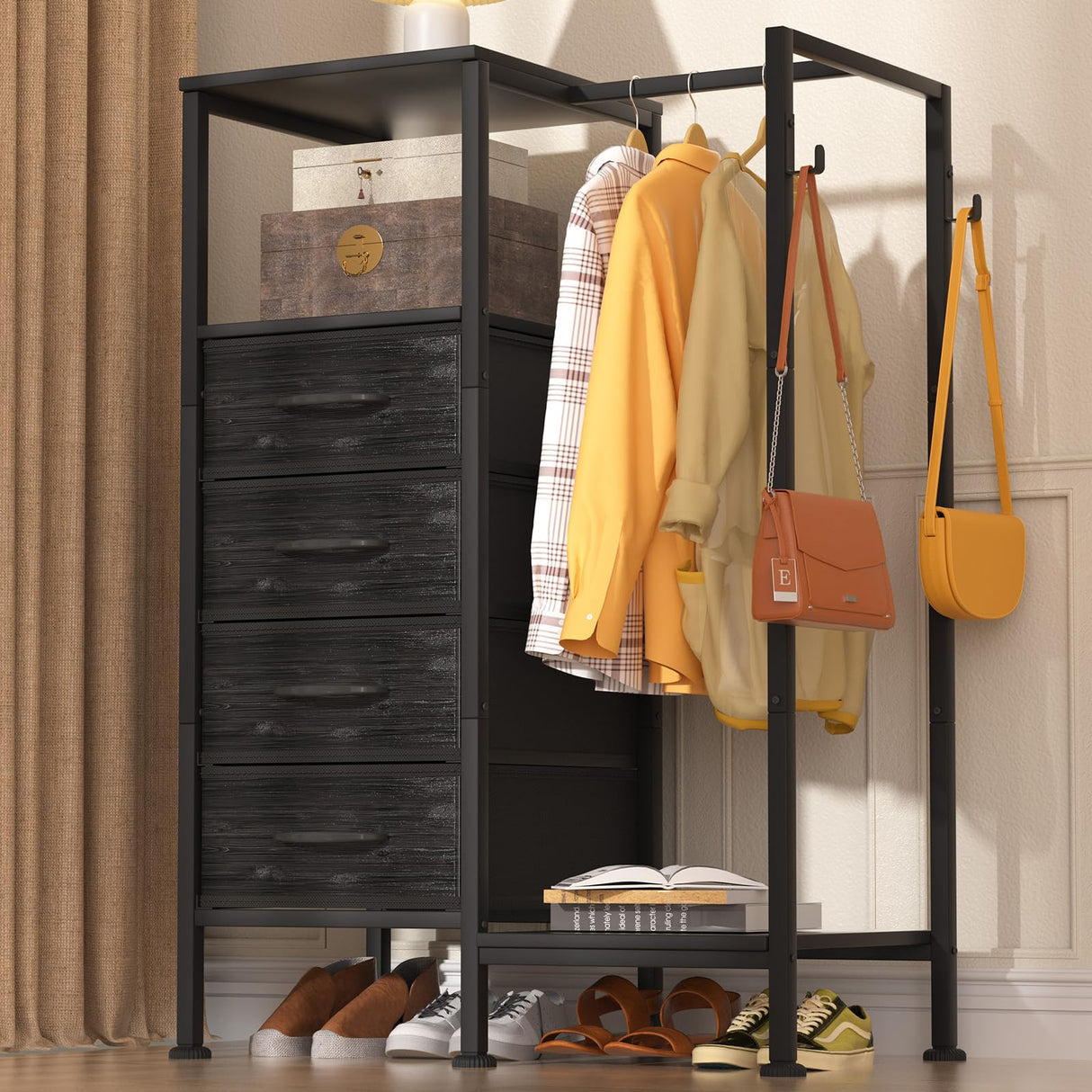 VERONLY Dresser with Hanging Rack, 4 Drawers Small Closet for Bedroom, Reversible Fabric Kids Chest of Drawers with Clothes Rack, Tall Storage Tower, Sturdy Frame, Black, 44''H VERONLY