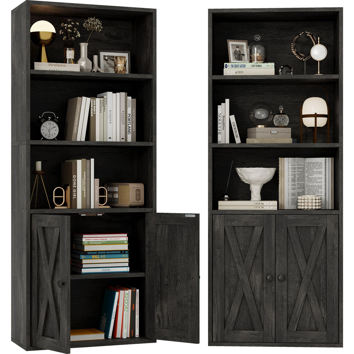 IRONCK Industrial Bookshelves and Bookcases with Doors 11.8 in Depth Set of 2 Floor Standing 5 Shelf Display Storage Shelves Bookcase Home Decor Furniture for Home, Office, Living Room, Bedroom IRONCK