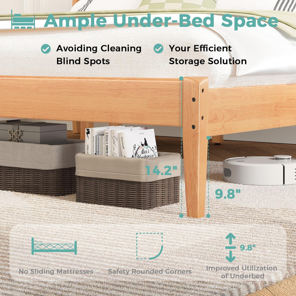 MORDEER Solid Wood Queen Bed Frame, Malaysian Oak Platform Bed with Ladder Headboard, Modern Bedframe with Elevated Bed Legs, No Box Spring Needed, Noise-Free, Queen Size, Rustic Pine MORDEER