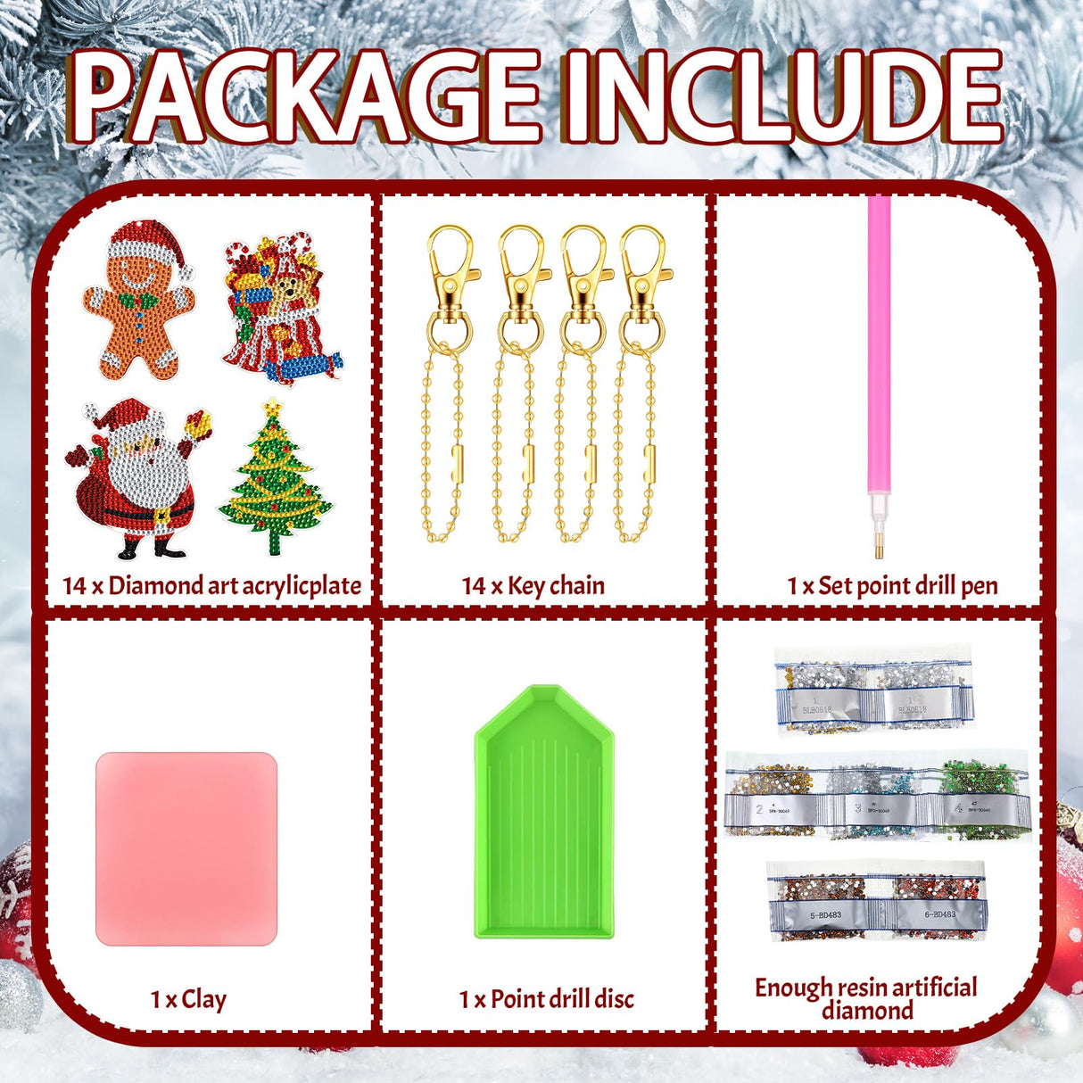 Equsion 14 Pcs Diamond Art Christmas Ornaments Christmas Diamond Painting Keychains Kits 5d DIY Hanging Double Sided Diamond Art Key Ring Painting Key Chain Family Decor Rhinestone Pendant Equsion