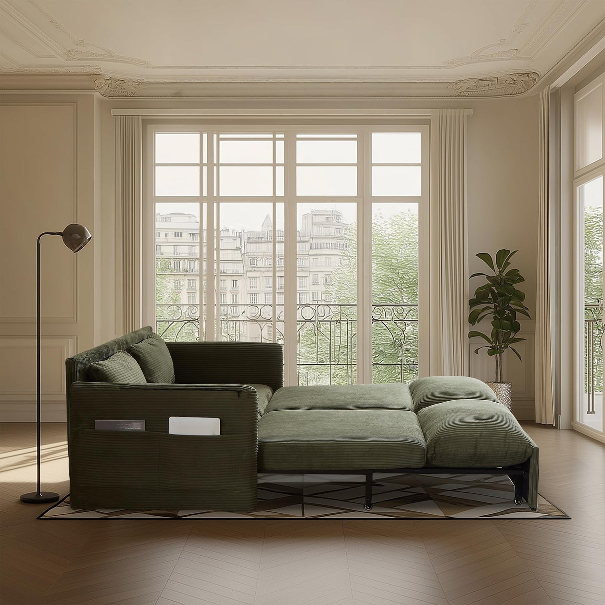 CAPCAEK Queen Size Pull Out Couch Sleeper Sofa Bed, 3-in-1 Convertible Futon Couch for Living Room with Storage Pockets & Arm Pillows, Modern Corduroy Sofa Bed(Green) CAPCAEK