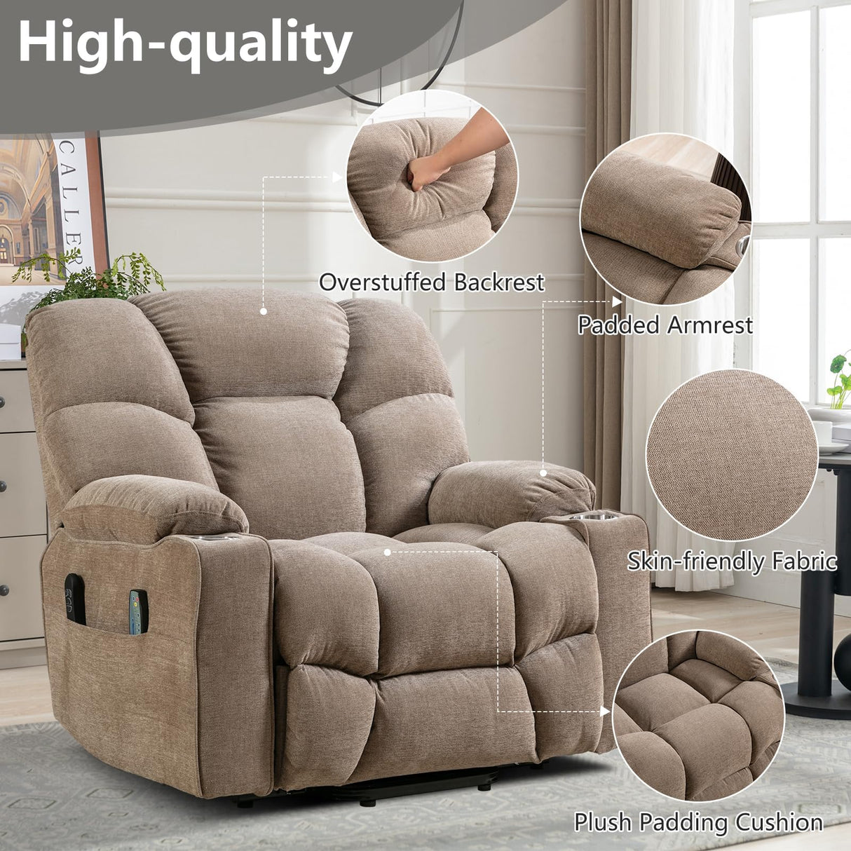 CANMOV Oversized Power Lift Recliner Chair for Elderly, Dual Motor Electric Heavy Duty Lift Recliner with Massage, Heating, with USB Port,Cup Holders and Pockets, Brown CANMOV