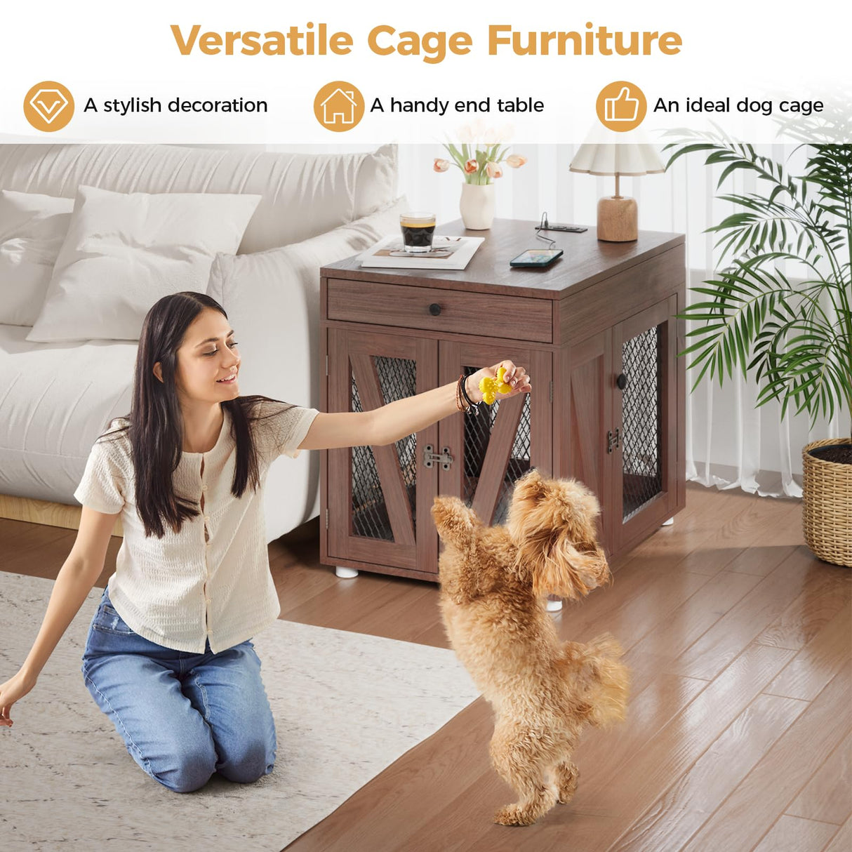 VOWNER Dog Crate Furniture, Wooden Dog Kennel End Table with USB Charging Station, Storage Drawer, Double Latched Door, Furniture-Style Crate Side Table for Medium Dogs Under 40 lbs Indoor, Oak Brown VOWNER