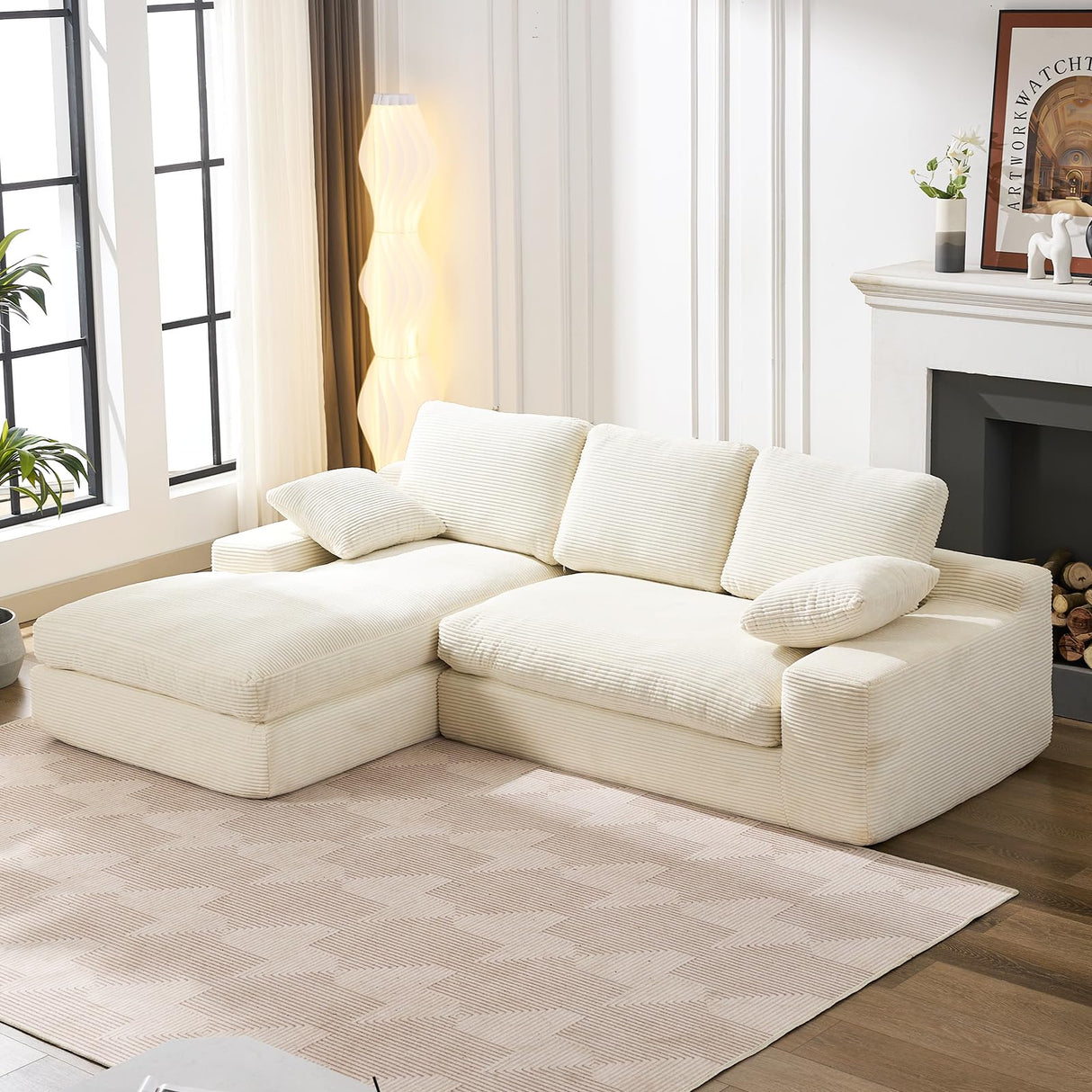 98.4" Cloud Modular Sectional Couch with Chaise,L-Shaped Modern Upholstered Sofa with Deep Seat,Corduroy Sectional Couches for Living Room and Bedroom,No Assembly Required(Beige) XSZD