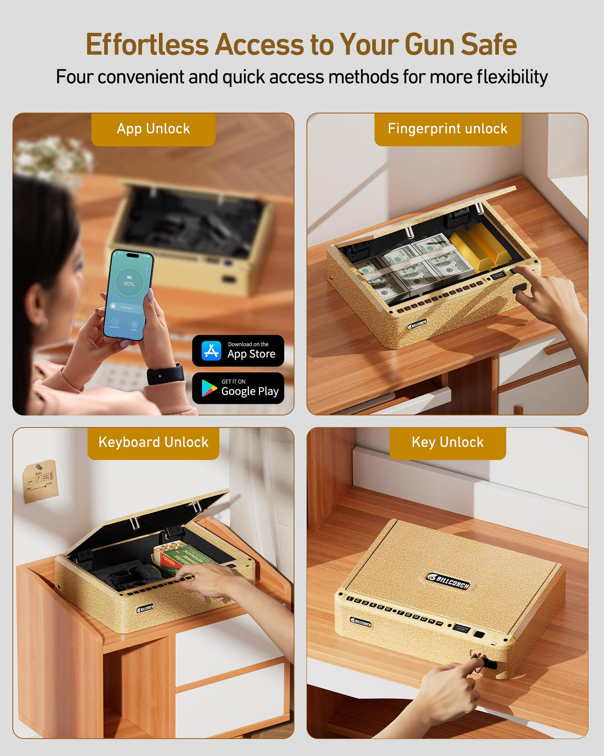 BILLCONCH Smart Gun Safe with Security Cable - Biometric Gun Safe for Handgun 4 Ways Quick Access with Fingerprint/Keypad/Key/APP Lock for Bedside Home Car with LCD/Voice Guide - Limited Gold BILLCONCH